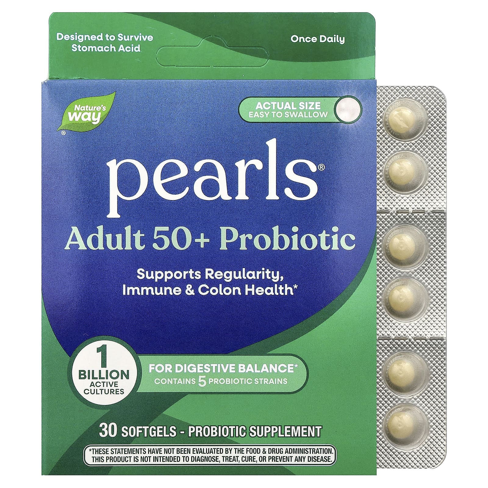 Пробиотик Nature's Way Pearls® Adult 50+ 1 Billion CFU, 30 мягких капсул