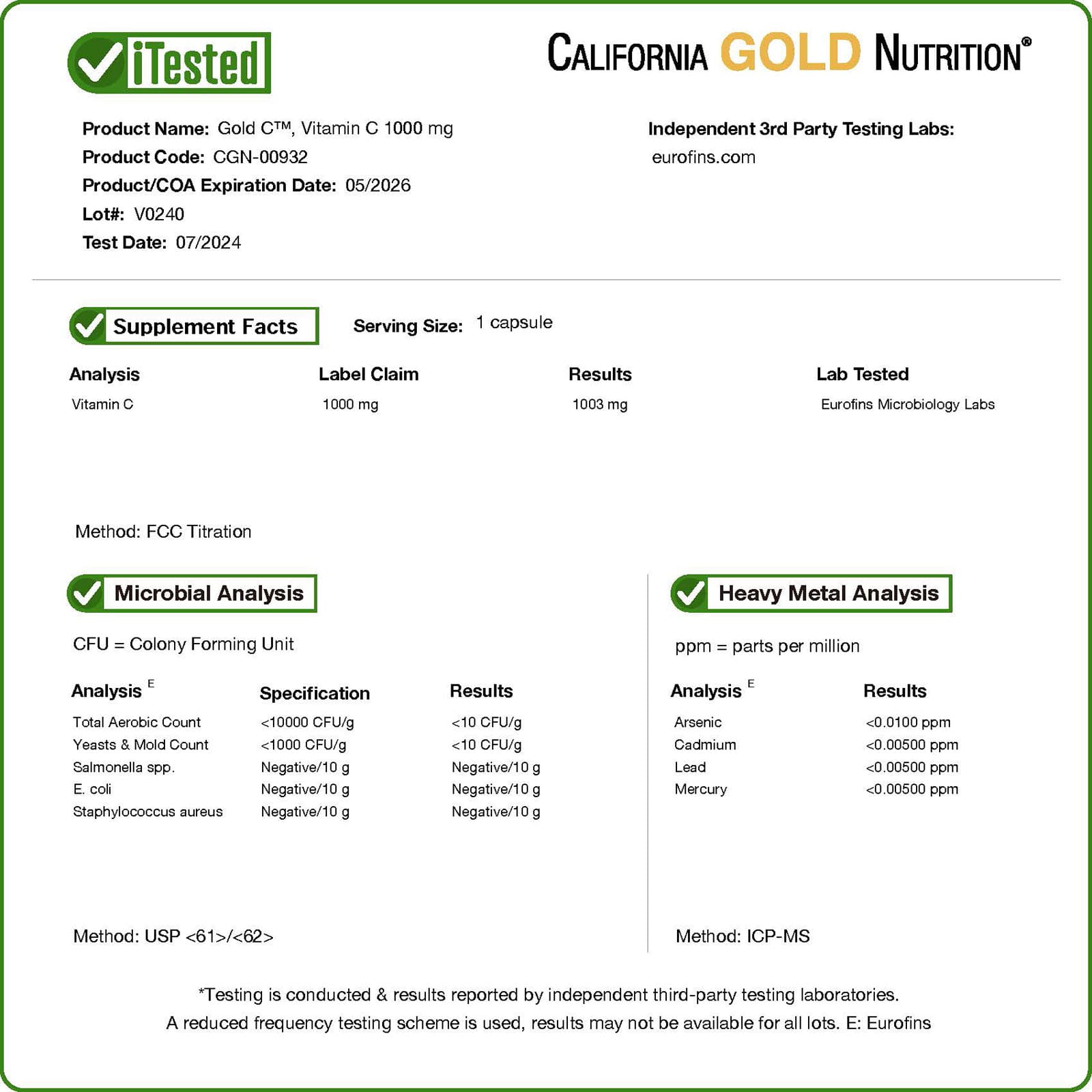 Витамин C California Gold Nutrition Gold C® USP Grade, 1000 мг, 240 растительных капсул — фото 4