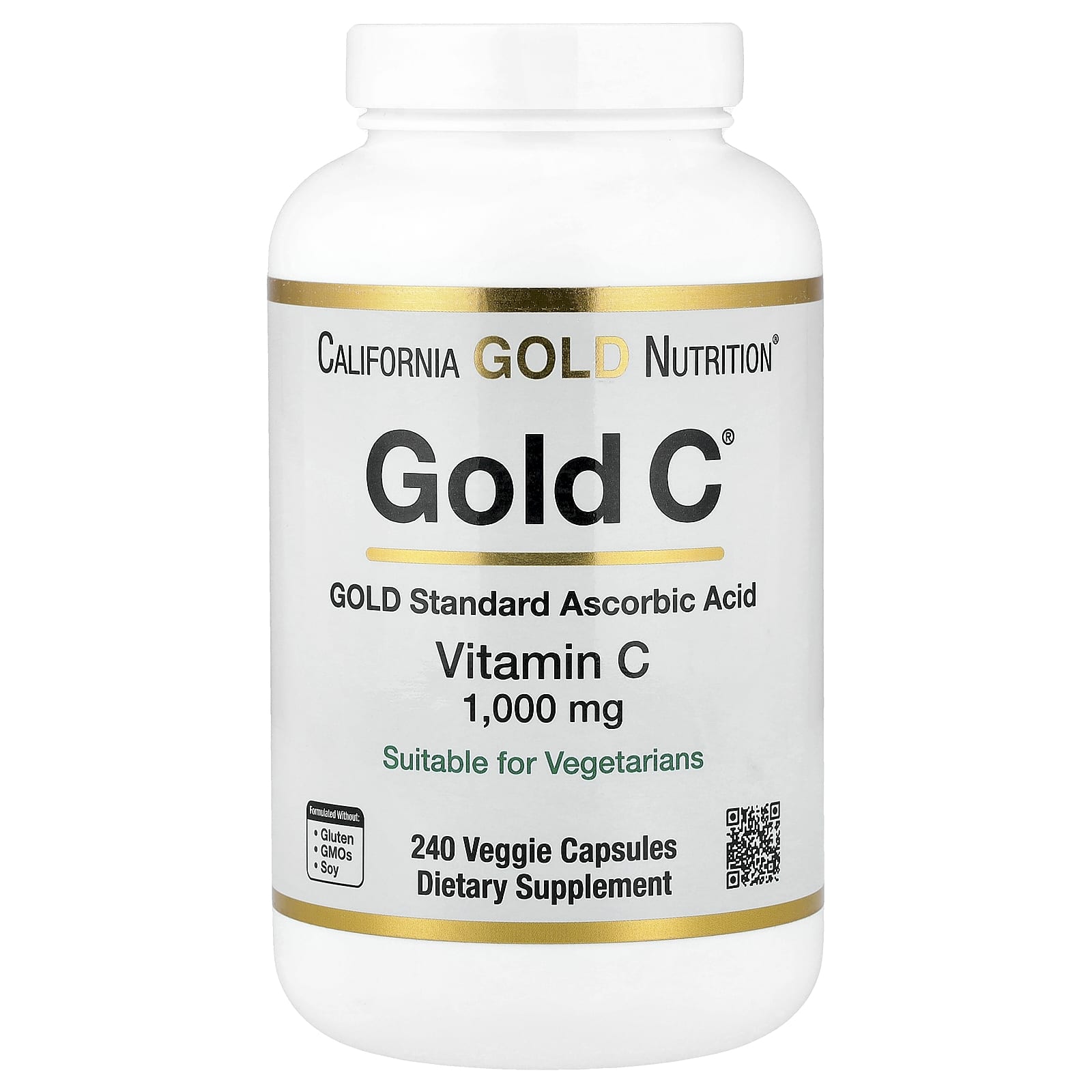 Витамин C California Gold Nutrition Gold C® USP Grade, 1000 мг, 240 растительных капсул — фото 1