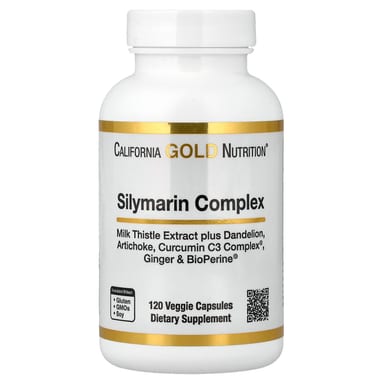 Расторопша California Gold Nutrition Silymarin Complex Extract Plus Dandelion Artichoke Curcumin C3 Complex® and BioPerine®, имбирь, 120 растительных капсул