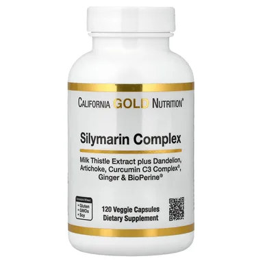 Фото товара: Расторопша California Gold Nutrition Silymarin Complex Extract Plus Dandelion Artichoke Curcumin C3 Complex® and BioPerine®, имбирь, 120 растительных капсул