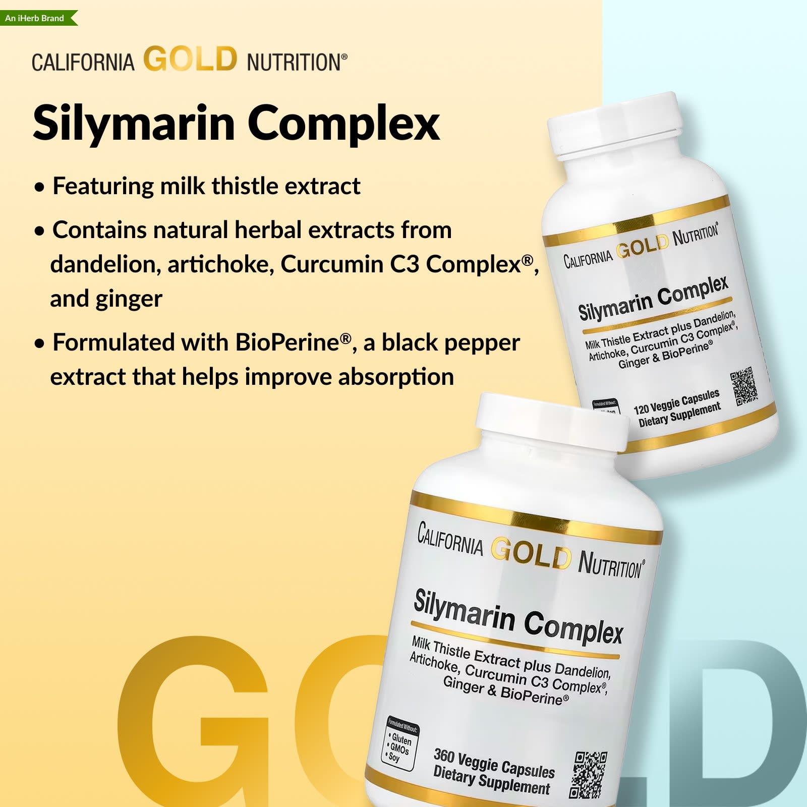 Расторопша California Gold Nutrition Silymarin Complex Extract Plus Dandelion Artichoke Curcumin C3 Complex® and BioPerine®, оттенок Ginger, 120 растительных капсул — фото 6