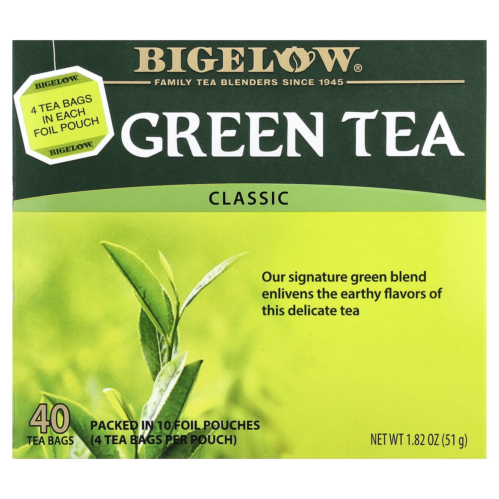 Чай Bigelow Green Classic, оттенок 40 Tea Bags, 51 г, чайные пакетики — фото 2