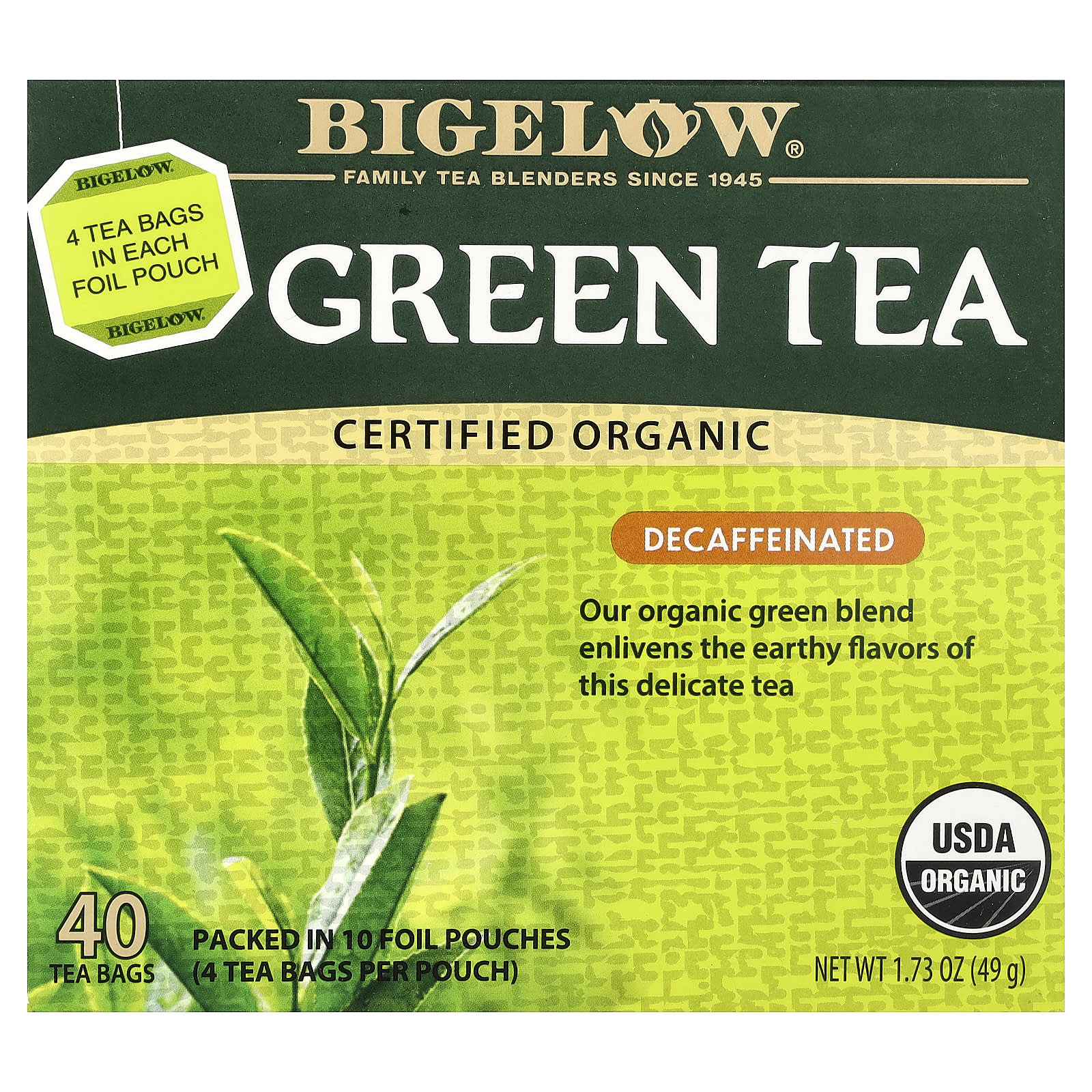 Чай Bigelow Organic Green Decaffeinated, оттенок 40 Tea Bags, 49 г, чайные пакетики — фото 2