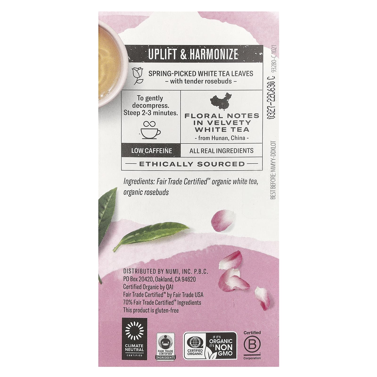 Чай Numi Tea Organic White White Rose, оттенок 16 Non-GMO Tea Bags, 32 г, чайные пакетики — фото 3