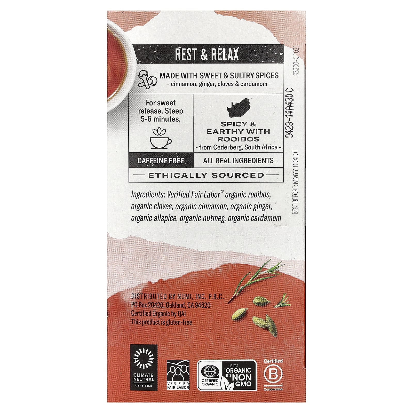 Чай Numi Tea Organic Herbal Teasan Rooibos Chai Caffeine Free, оттенок 18 Non-GMO Tea Bags, 48.6 г, чайные пакетики — фото 3
