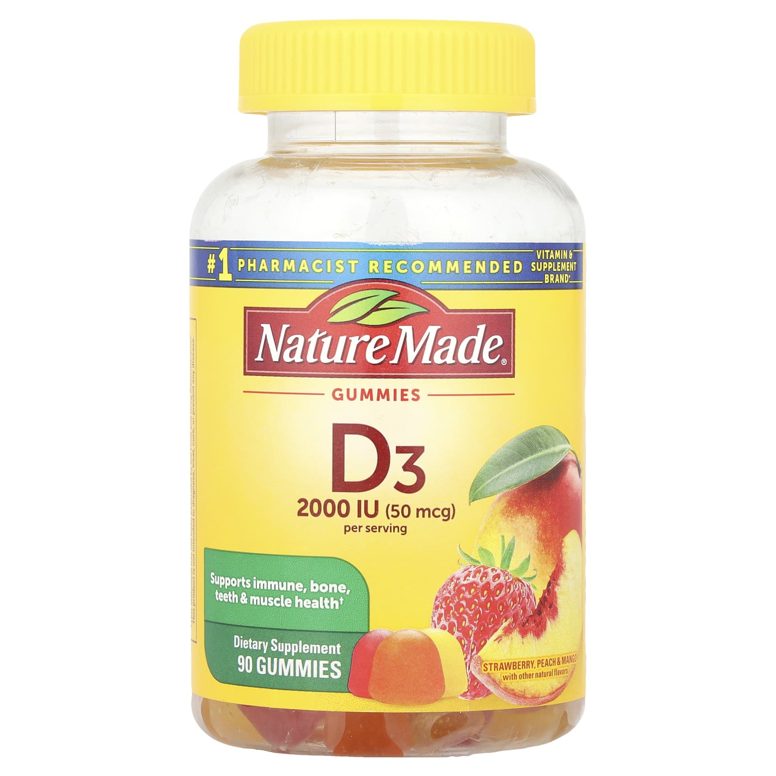 Витамин D3 Nature Made Peach & Mango, вкус Strawberry, 25 мкг (1000 МЕ), 90 жевательных пастилок
