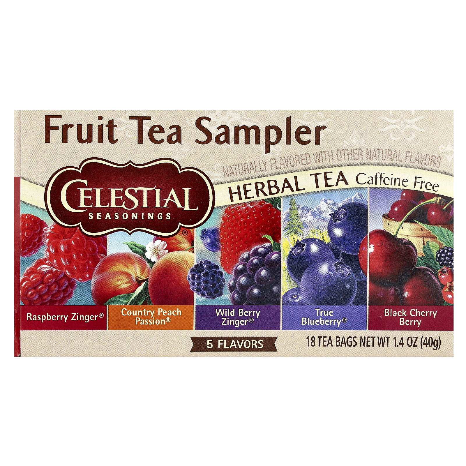 Чай Celestial Seasonings Fruit Sampler 5 Flavors Caffeine Free, оттенок 18 Tea Bags, 40 г, чайные пакетики
