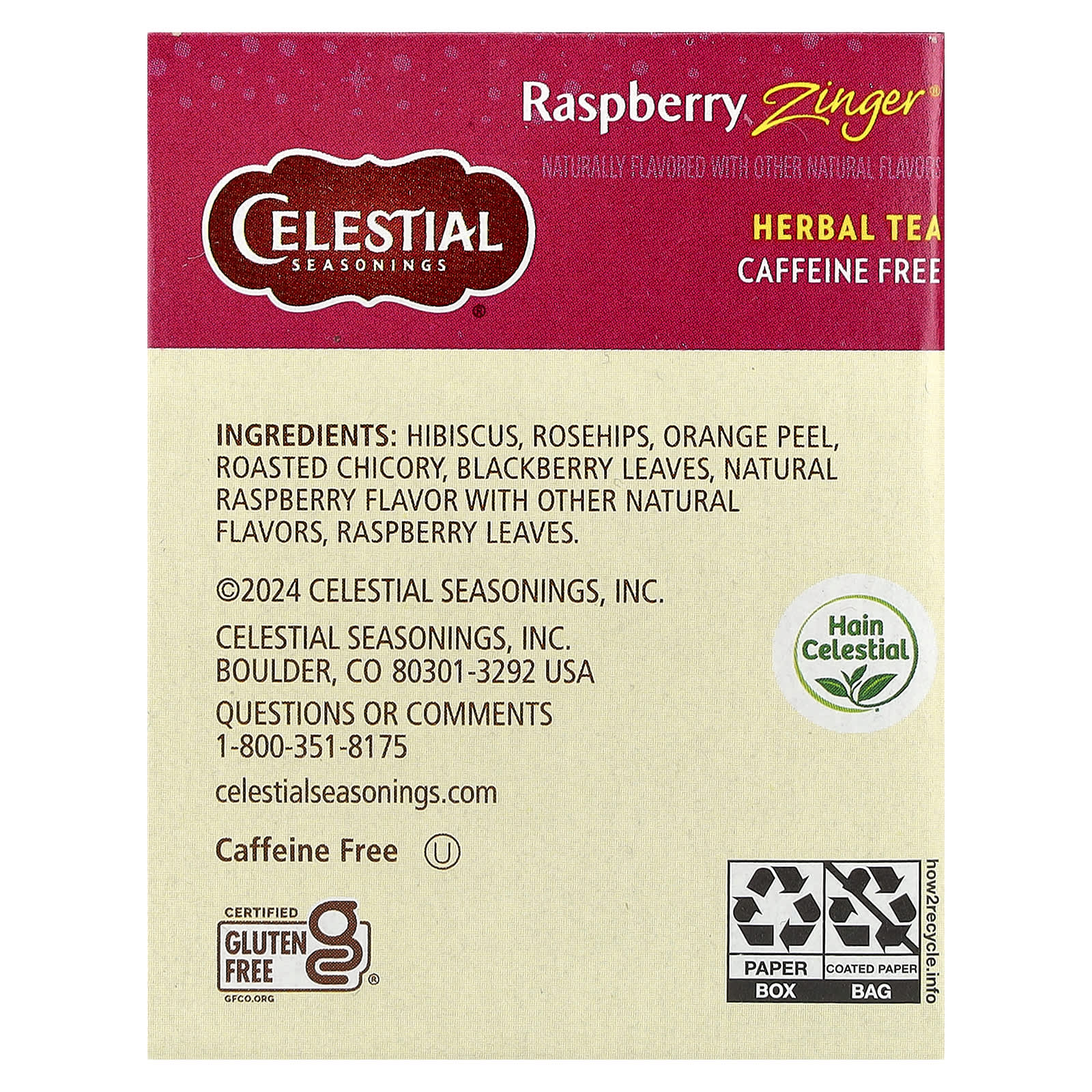 Чай Celestial Seasonings Herbal Raspberry Zinger® Caffeine Free, оттенок 20 Tea Bags, 45 г, чайные пакетики — фото 3