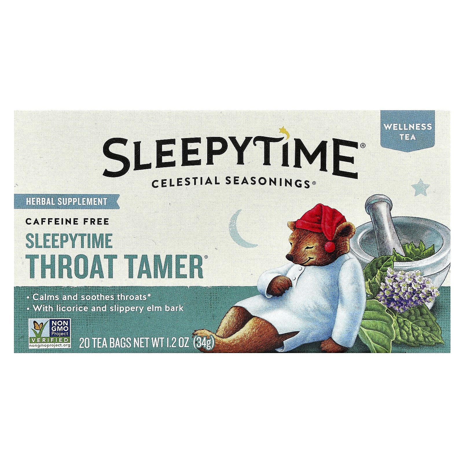 Чай Celestial Seasonings Wellness Sleepytime Throat Tamer® Caffeine Free, оттенок 20 Tea Bags, 34 г, чайные пакетики — фото 2
