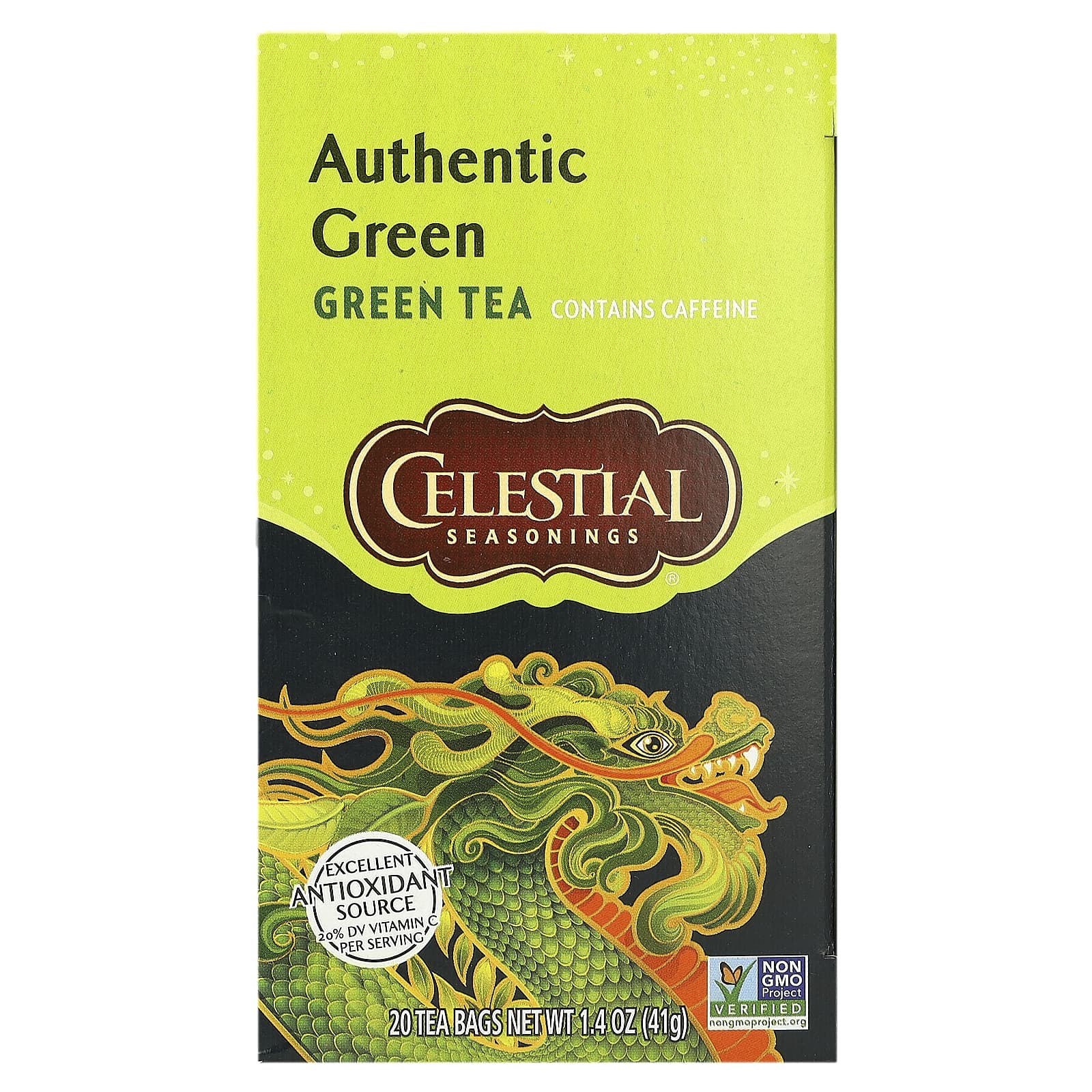 Чай Celestial Seasonings Authentic Green, оттенок 20 Tea Bags, 41 г, чайные пакетики
