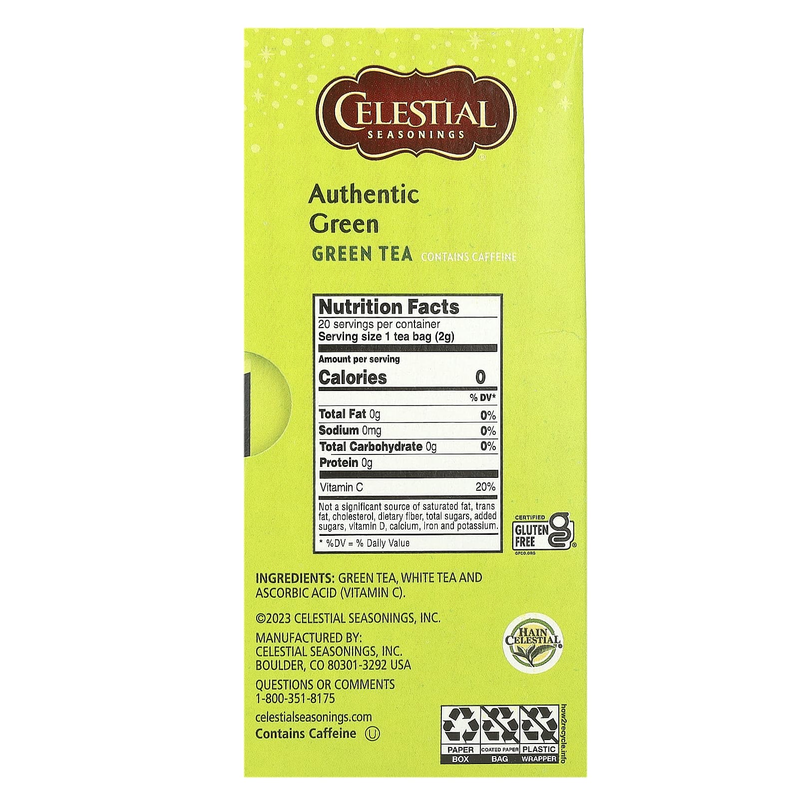 Чай Celestial Seasonings Authentic Green, оттенок 20 Tea Bags, 41 г, чайные пакетики — фото 2