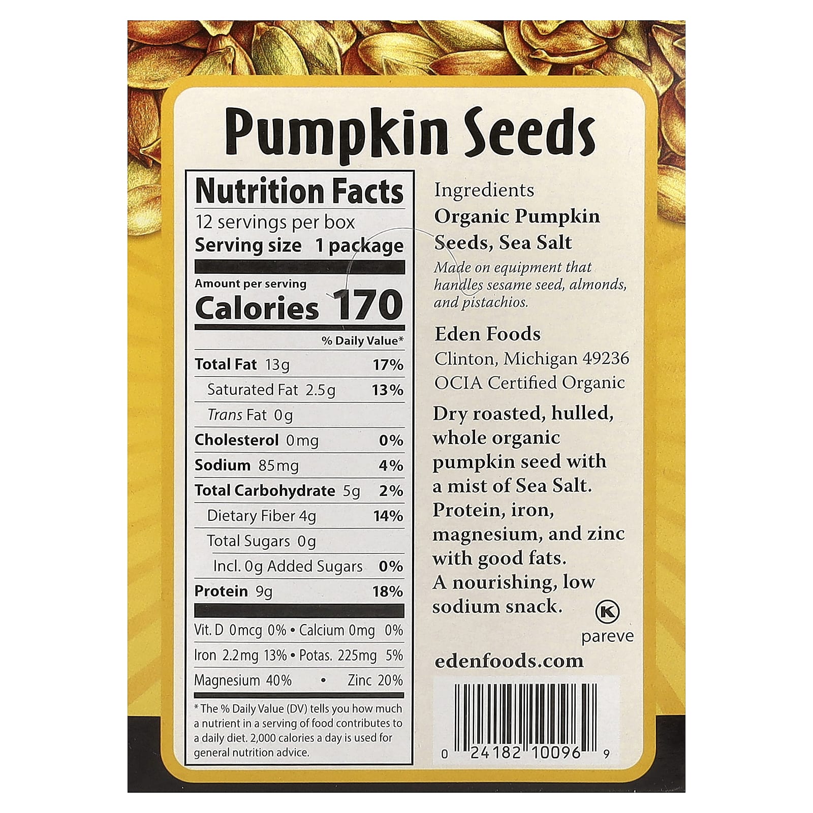 Семена тыквы Eden Foods Pocket Snacks™ Dry Roasted, оттенок 12 Packages, 28.3 г — фото 3
