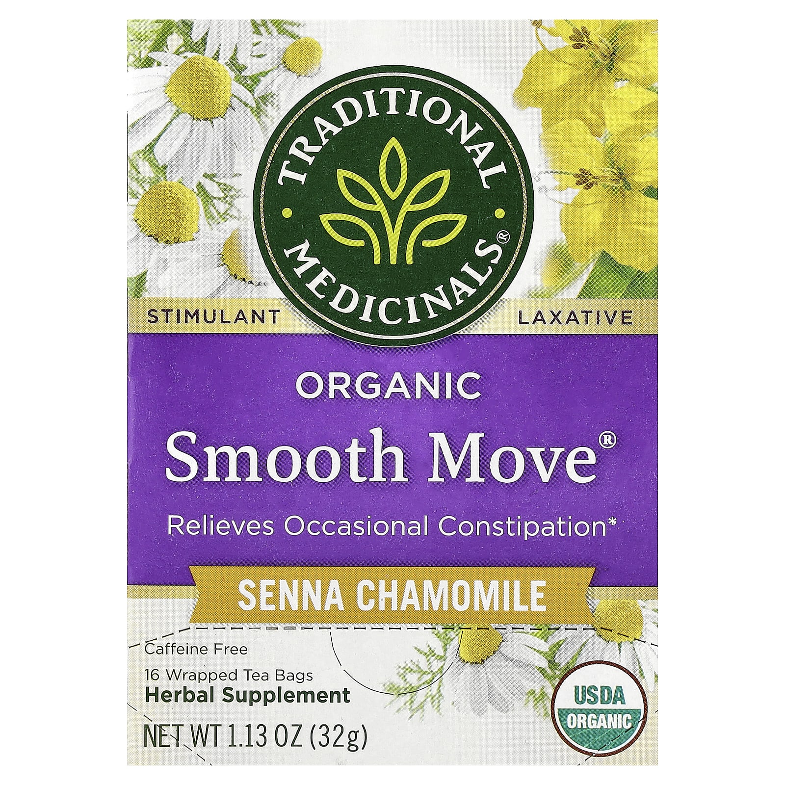 Чай Traditional Medicinals Organic Smooth Move® Senna Chamomile Caffeine Free, оттенок 16 Wrapped Tea Bags, 32 г, чайные пакетики — фото 7
