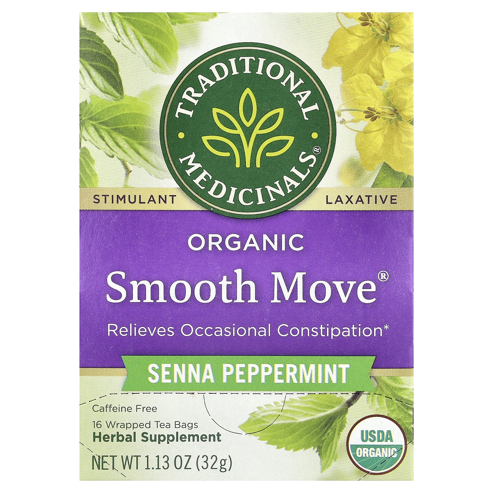 Чай Traditional Medicinals Organic Smooth Move® Senna Peppermint Caffeine Free, оттенок 16 Wrapped Tea Bags, 32 г, чайные пакетики — фото 7