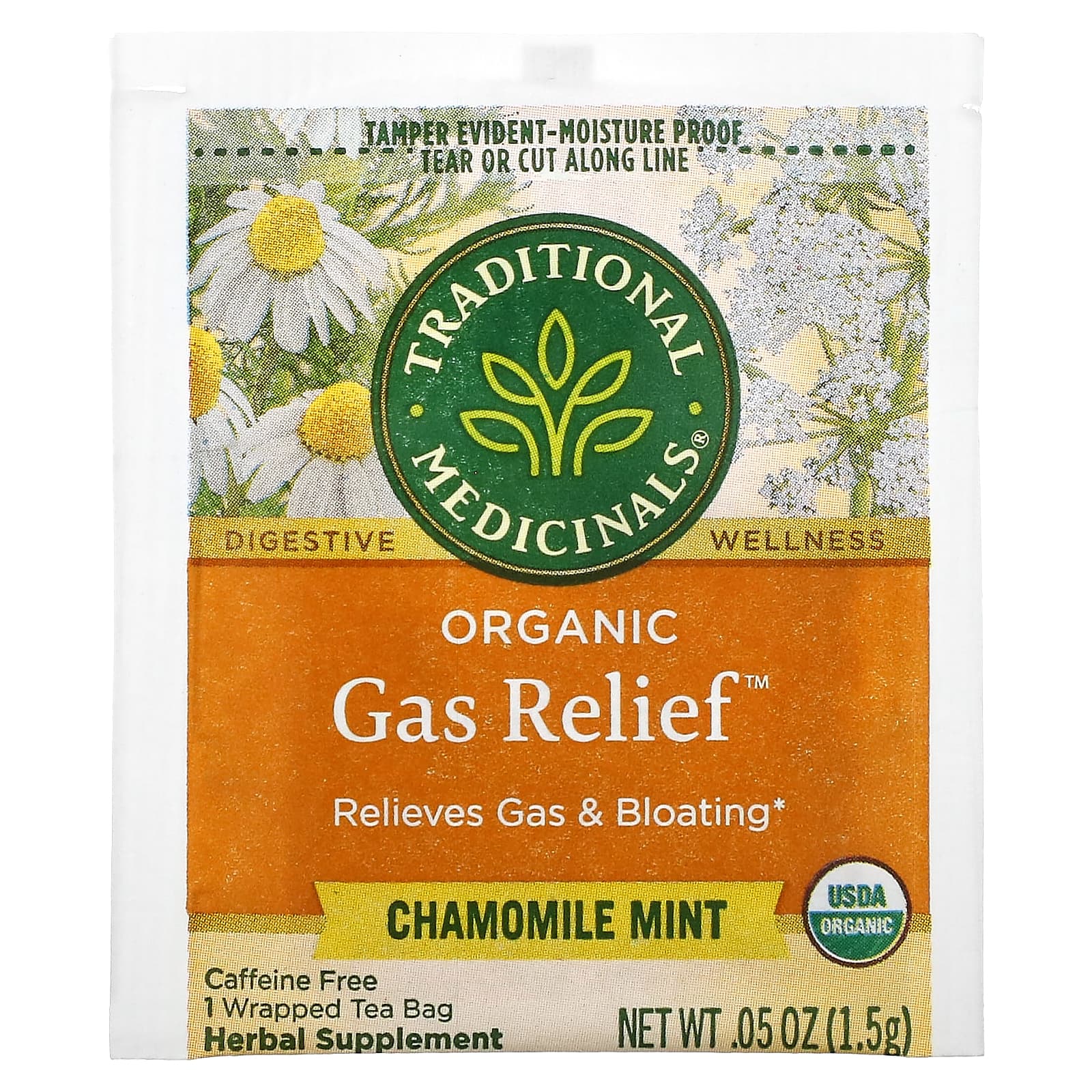 Чай Traditional Medicinals Organic Gas Relief™ Chamomile Mint Caffeine Free, оттенок 16 Wrapped Tea Bags, 24 г, чайные пакетики