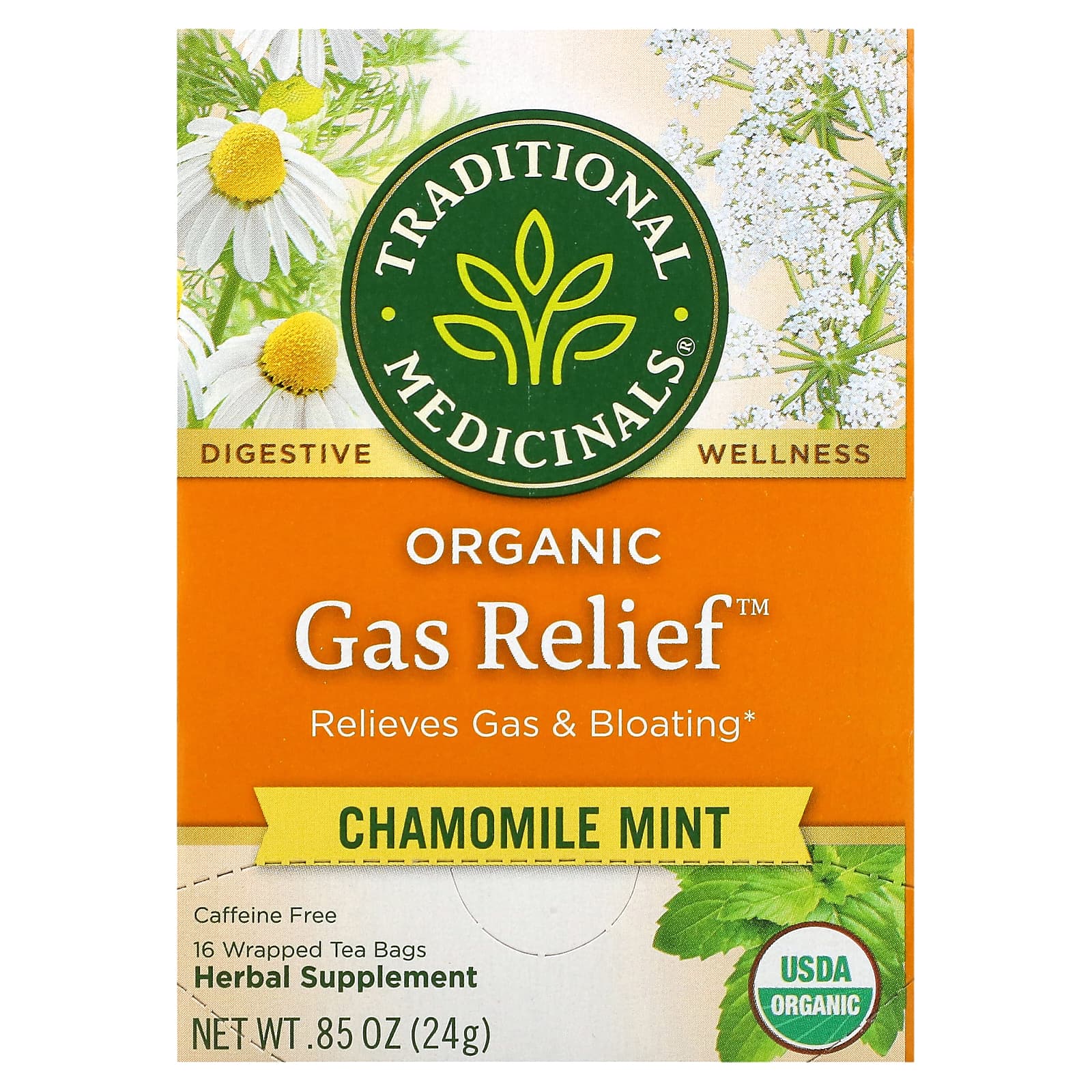 Чай Traditional Medicinals Organic Gas Relief™ Chamomile Mint Caffeine Free, оттенок 16 Wrapped Tea Bags, 24 г, чайные пакетики — фото 2