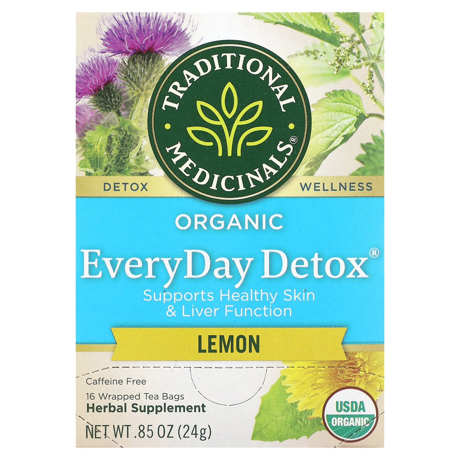 Чай Traditional Medicinals Organic EveryDay Detox® Lemon Caffeine Free, оттенок 16 Wrapped Tea Bags, 24 г, чайные пакетики — фото 2