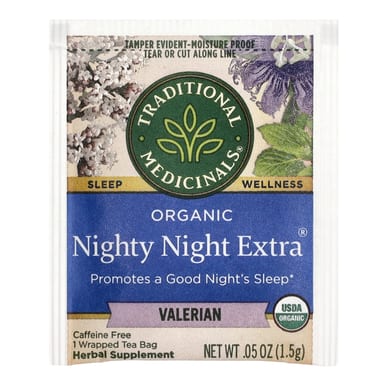 Чай Traditional Medicinals Organic Nighty Night Extra® Lemon Balm & Valerian Caffeine Free, оттенок 16 Wrapped Tea Bags, 24 г, чайные пакетики