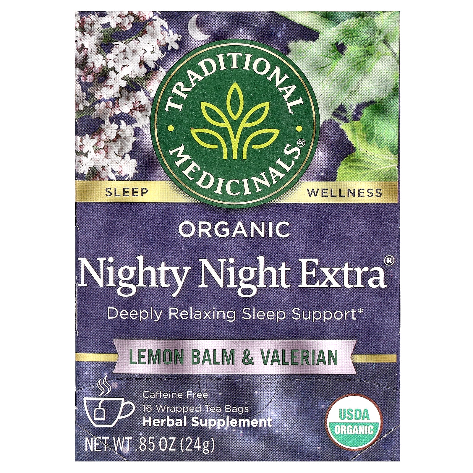Чай Traditional Medicinals Organic Nighty Night Extra® Lemon Balm & Valerian Caffeine Free, оттенок 16 Wrapped Tea Bags, 24 г, чайные пакетики — фото 3