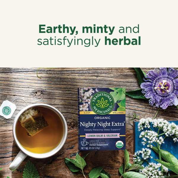 Чай Traditional Medicinals Organic Nighty Night Extra® Lemon Balm & Valerian Caffeine Free, оттенок 16 Wrapped Tea Bags, 24 г, чайные пакетики — фото 5