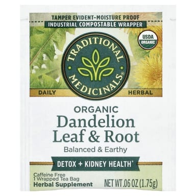 Чай Traditional Medicinals Organic Dandelion Leaf & Root Caffeine Free, 16 чайных пакетиков в индивидуальной упаковке, 28 г, чайные пакетики