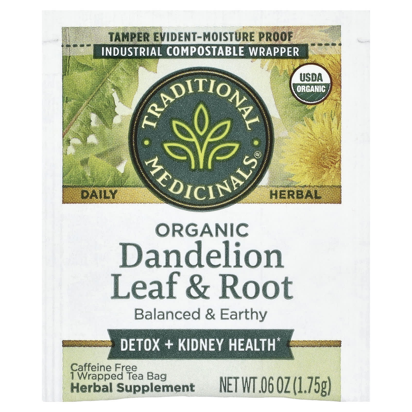 Чай Traditional Medicinals Organic Dandelion Leaf & Root Caffeine Free, оттенок 16 Wrapped Tea Bags, 28 г, чайные пакетики — фото 6