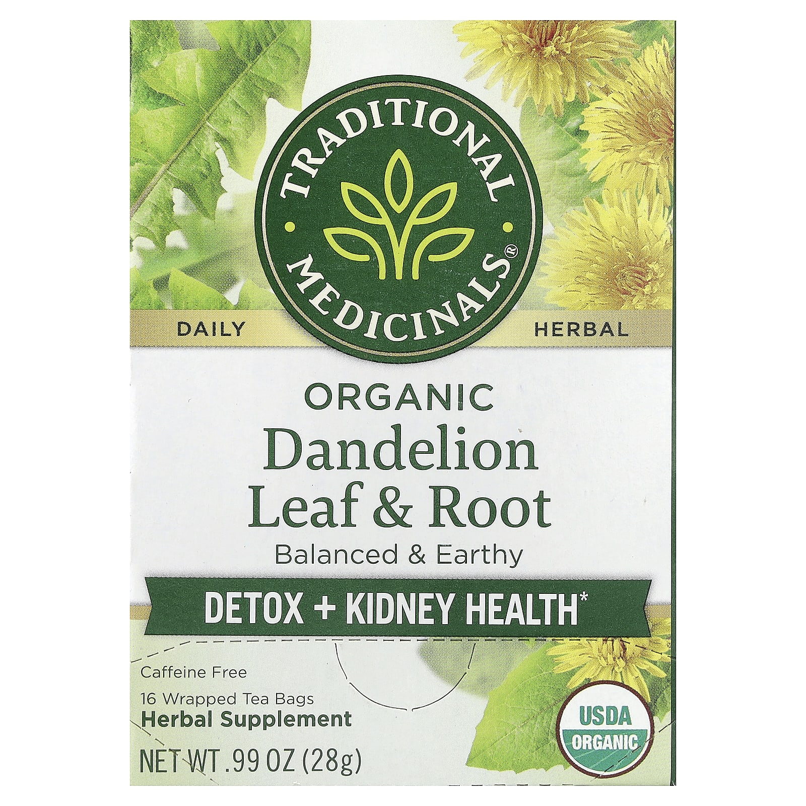 Чай Traditional Medicinals Organic Dandelion Leaf & Root Caffeine Free, оттенок 16 Wrapped Tea Bags, 28 г, чайные пакетики — фото 7