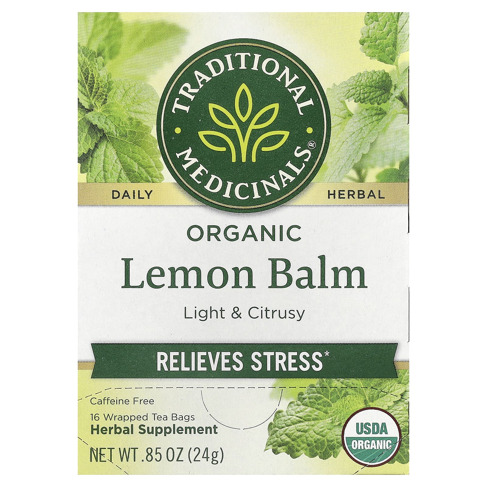 Чай Traditional Medicinals Organic Lemon Balm Caffeine Free, оттенок 16 Wrapped Tea Bags, 24 г, чайные пакетики — фото 7
