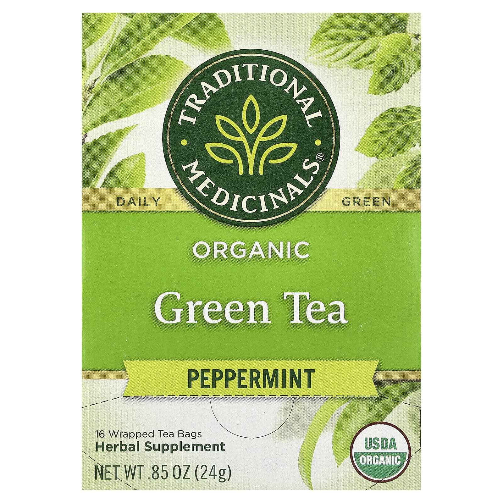 Чай Traditional Medicinals Organic Green Peppermint, оттенок 16 Wrapped Tea Bags, 24 г, чайные пакетики — фото 2