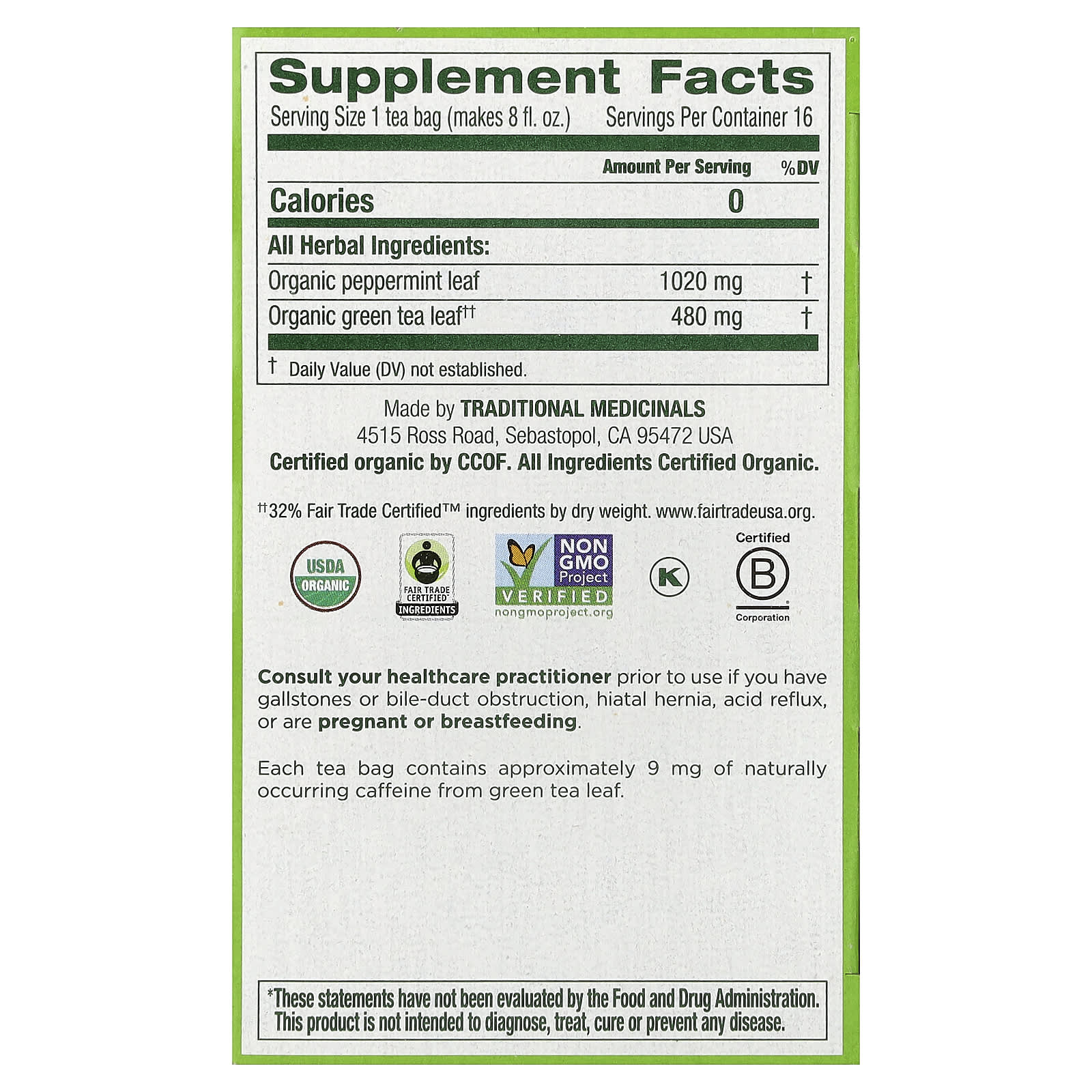 Чай Traditional Medicinals Organic Green Peppermint, оттенок 16 Wrapped Tea Bags, 24 г, чайные пакетики — фото 3