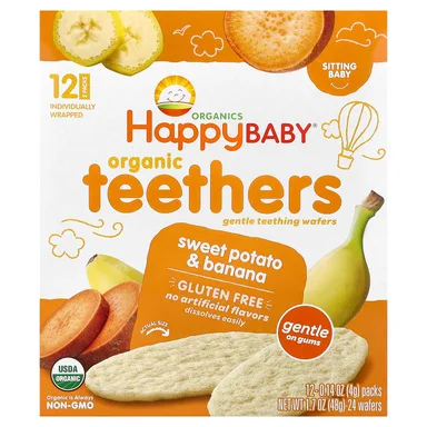 Фото товара: Детское вафли для прорезывания зубов Happy Family Organics Happy Baby® Organic Teethers Gentle Sweet Potato & Banana, 4 г, 12 пакетов