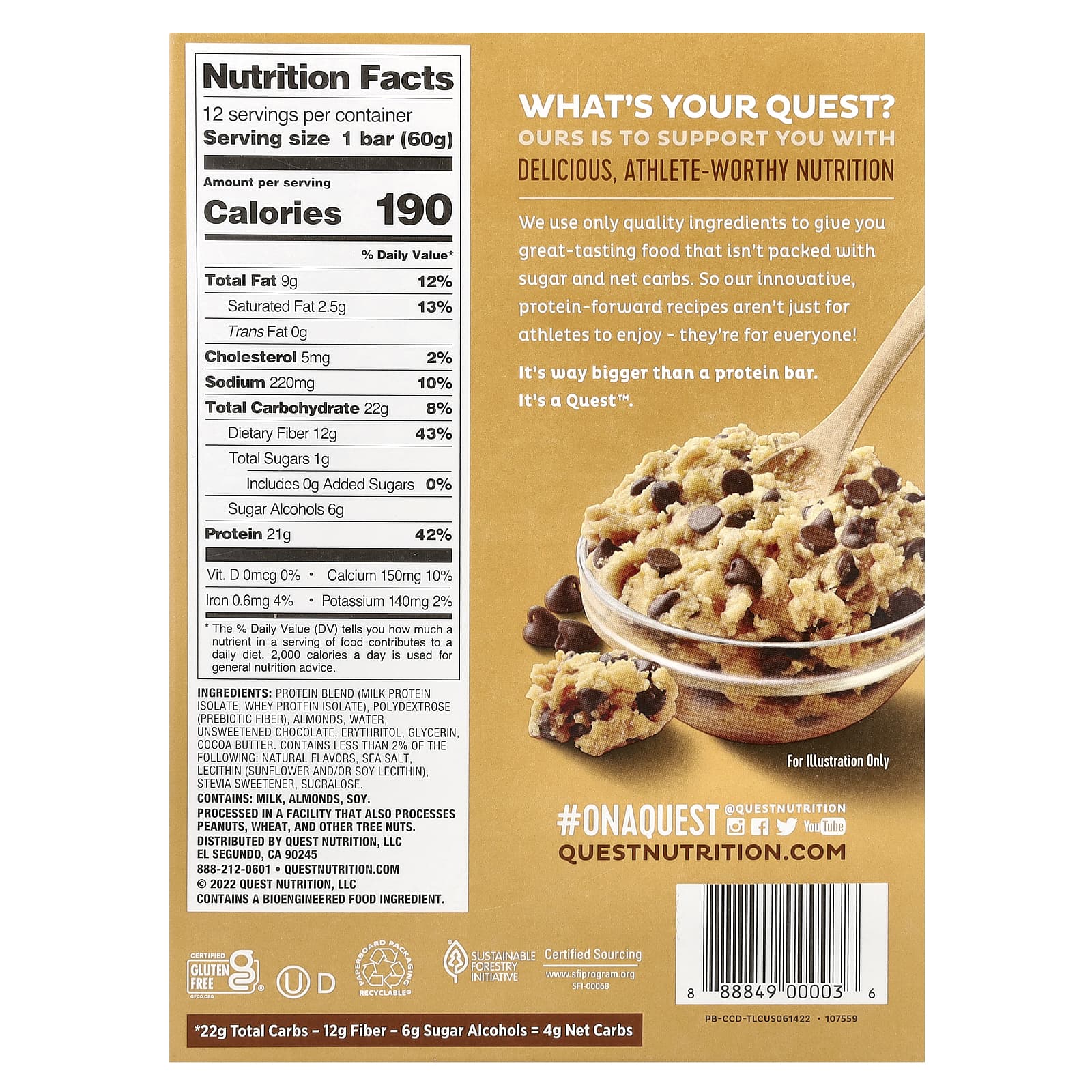 Протеиновый батончик Quest Nutrition Chocolate Chip Cookie Dough, 60 г, 12 шт. — фото 3