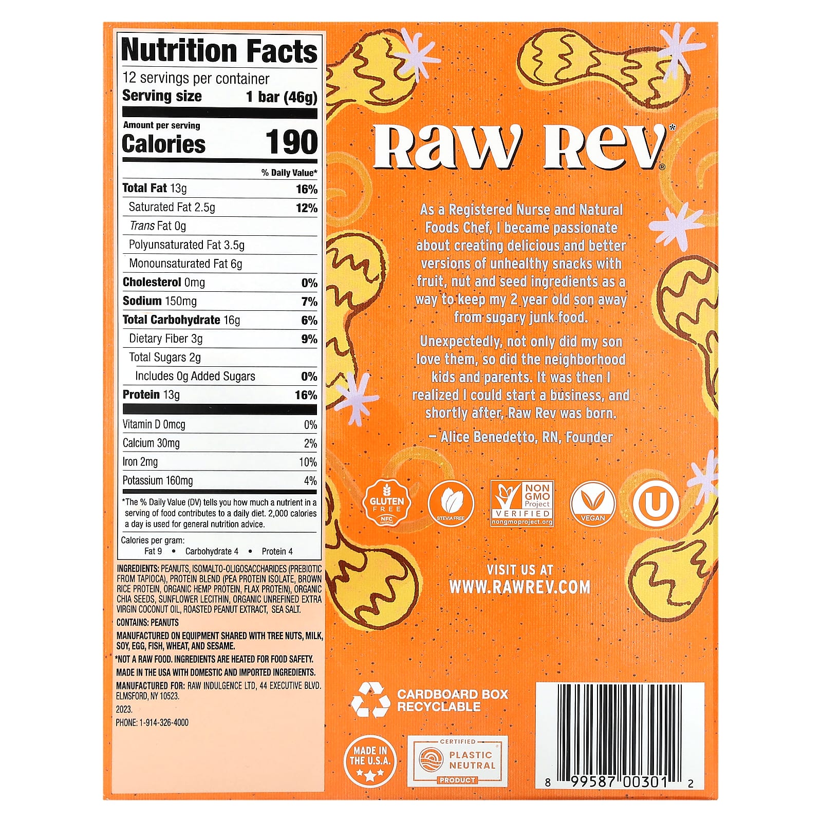 Арахисовая паста Raw Rev Plant-Based Protein Bar Creamy & Sea Salt, 46 г, 12 шт., батончик