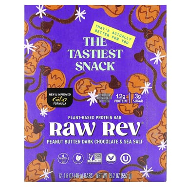 Темный шоколад Raw Rev Plant-Based Protein Bar Peanut Butter & Sea Salt, 46 г, 12 шт., батончик