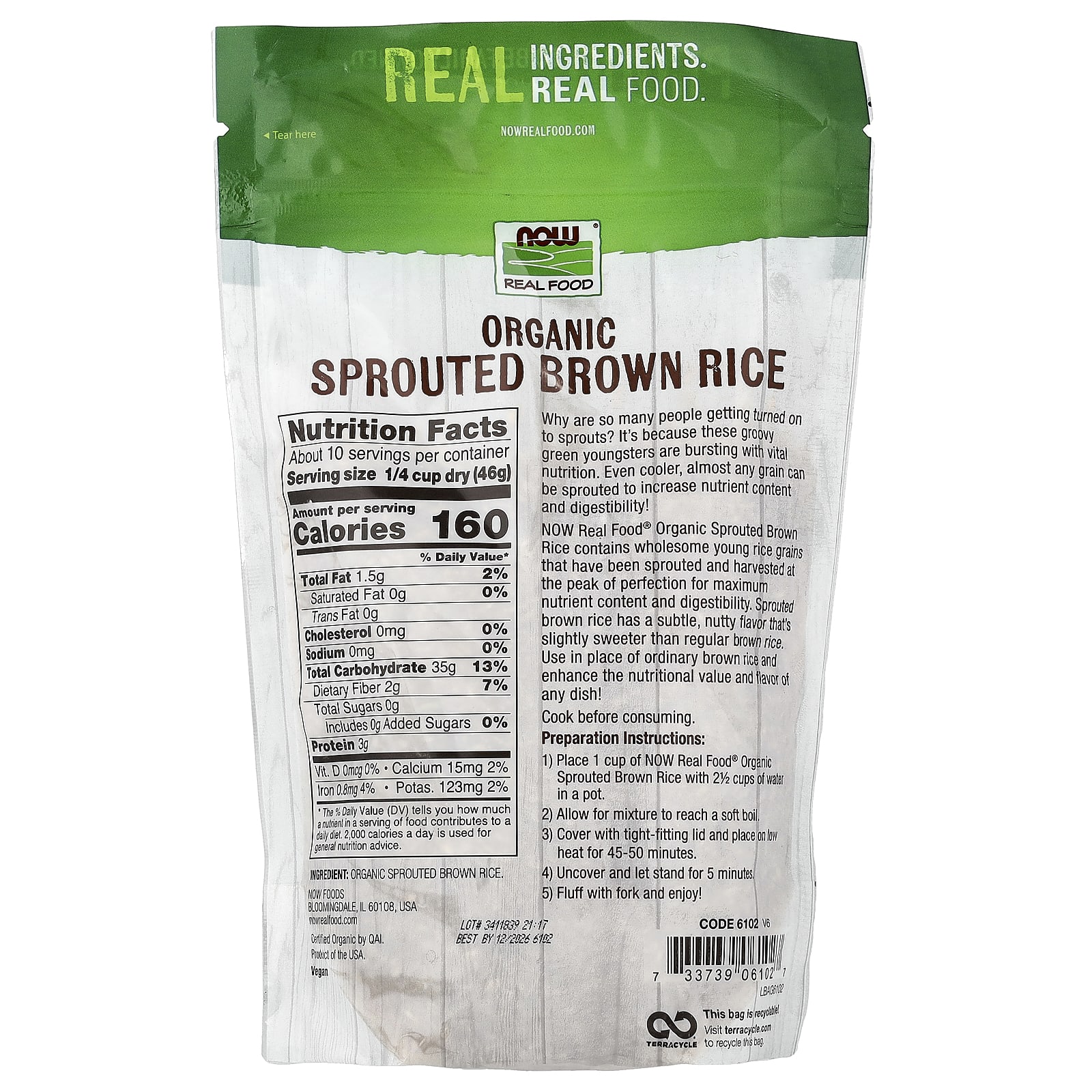 Рис NOW Foods Real Food Organic Sprouted Brown Raw, 454 г — фото 2