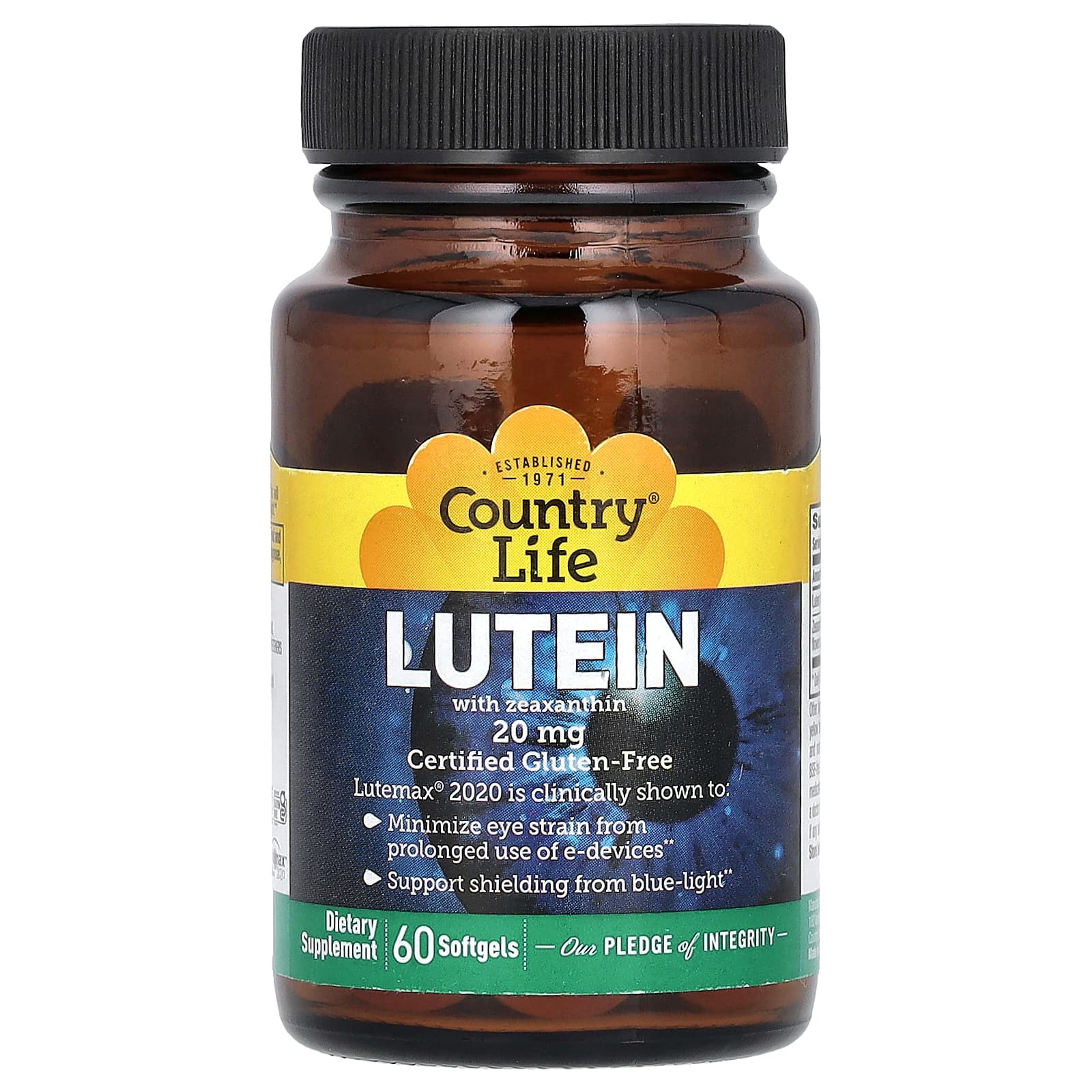 Зеаксантин Country Life Lutein, 20 мг, 60 мягких капсул