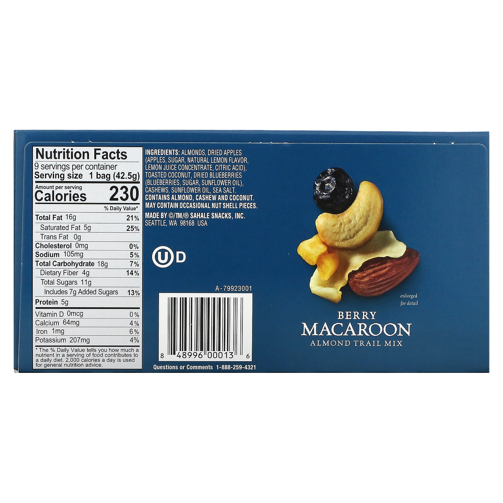 Ореховая смесь с сухофруктами Sahale Snacks Berry Macaroon, вкус Almond Trail Mix, Berry Macaroon, 42.5 г, 9 пакетов