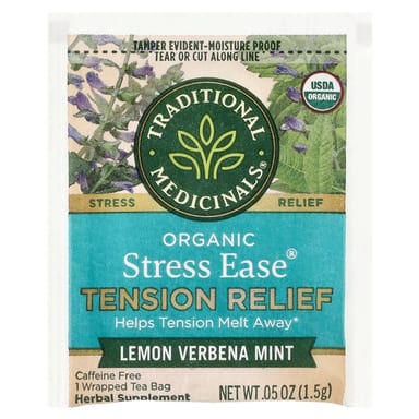 Чай Traditional Medicinals Organic Stress Ease® Tension Relief, без кофеина, вкус Lemon Verbena Mint, 24 г, 16 чайных пакетиков
