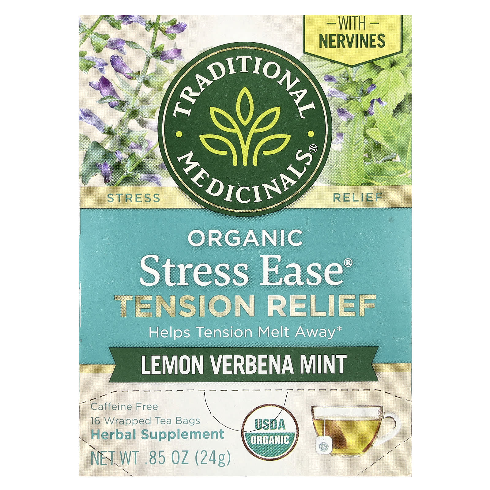 Чай Traditional Medicinals Organic Stress Ease® Tension Relief, без кофеина, вкус Lemon Verbena Mint, 24 г, 16 чайных пакетиков — фото 2