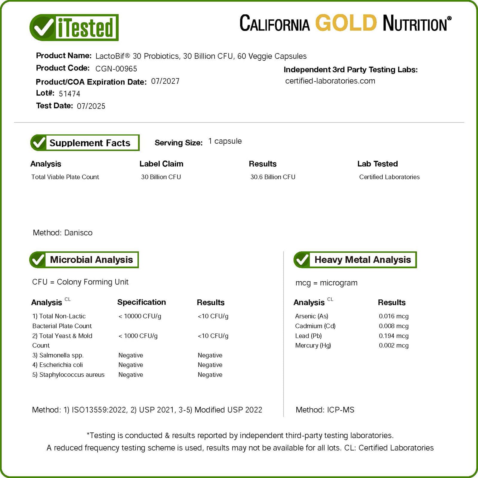 Пробиотик LactoBif® 30 California Gold Nutrition Probiotics, 30 млрд КОЕ, 60 растительных капсул — фото 2
