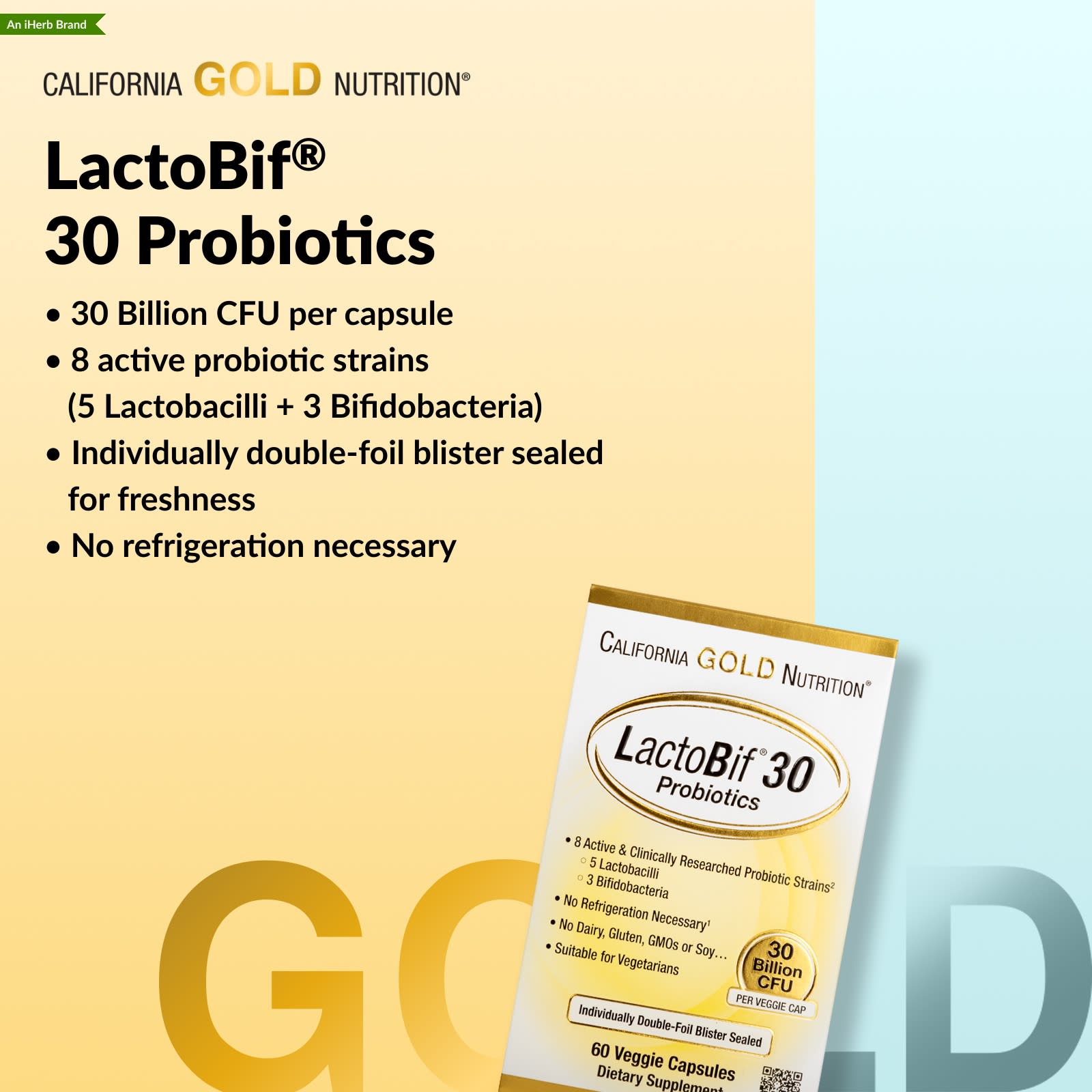 Пробиотик LactoBif® 30 California Gold Nutrition Probiotics, 30 млрд КОЕ, 60 растительных капсул — фото 5