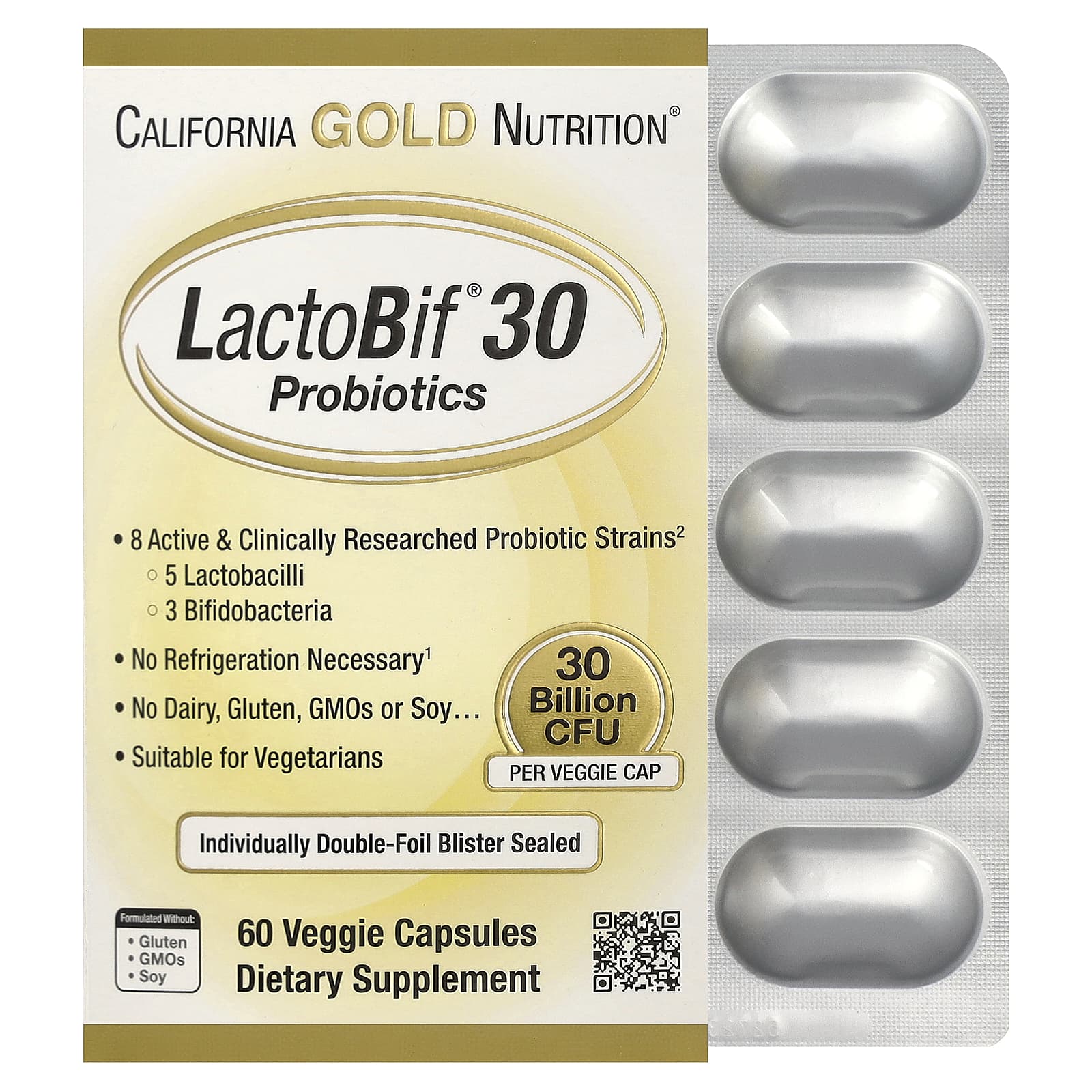 Пробиотик LactoBif® 30 California Gold Nutrition Probiotics, 30 млрд КОЕ, 60 растительных капсул — фото 6