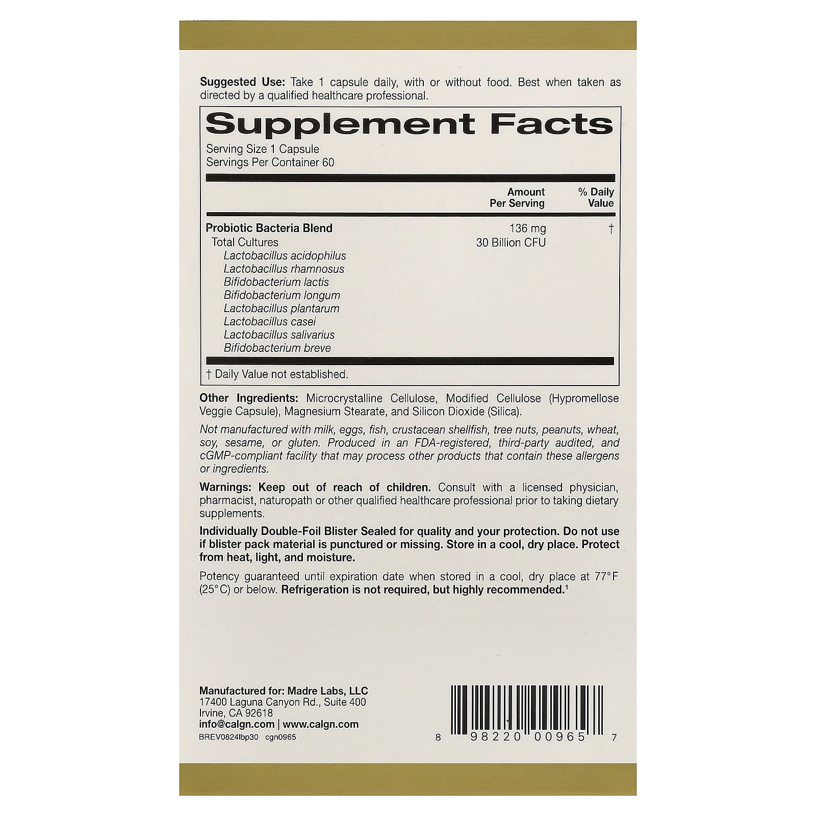 Пробиотик LactoBif® 30 California Gold Nutrition Probiotics, 30 млрд КОЕ, 60 растительных капсул — фото 7