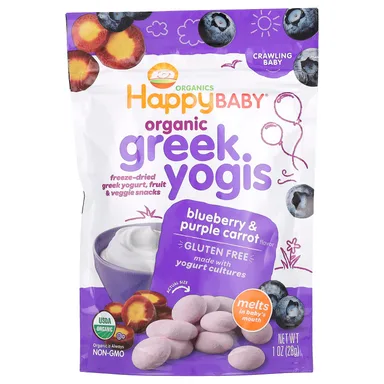 Фото товара: Йогуртовые снеки Happy Baby Organic Greek Yogis, голубика и фиолетовая морковь, 28 г