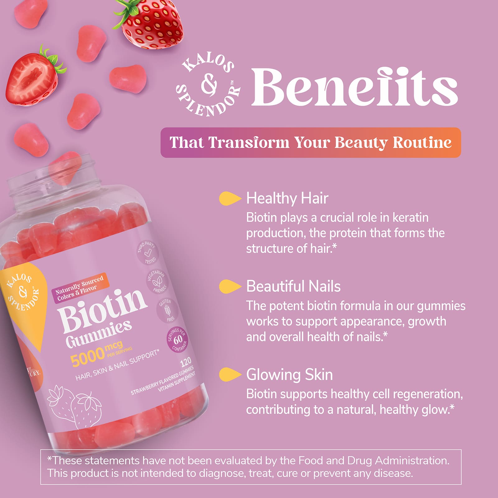 Биотин 21st Century Gummies, вкус Strawberry, 2500 мкг, 120 жевательных пастилок — фото 4