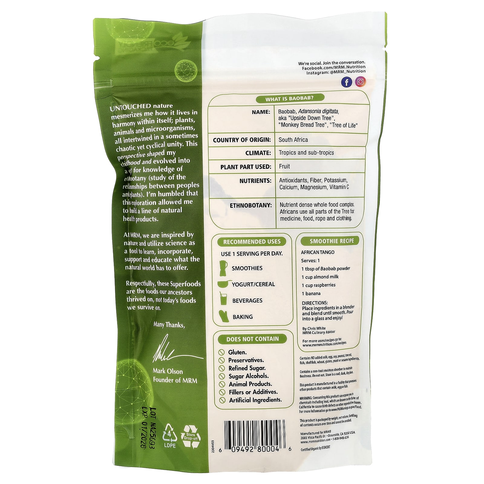 Порошок MRM Nutrition Organic Baobab, 240 г — фото 2