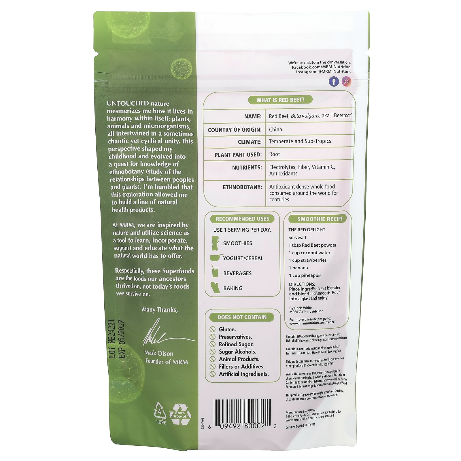 Порошок MRM Nutrition Organic Red Beet, 240 г — фото 2