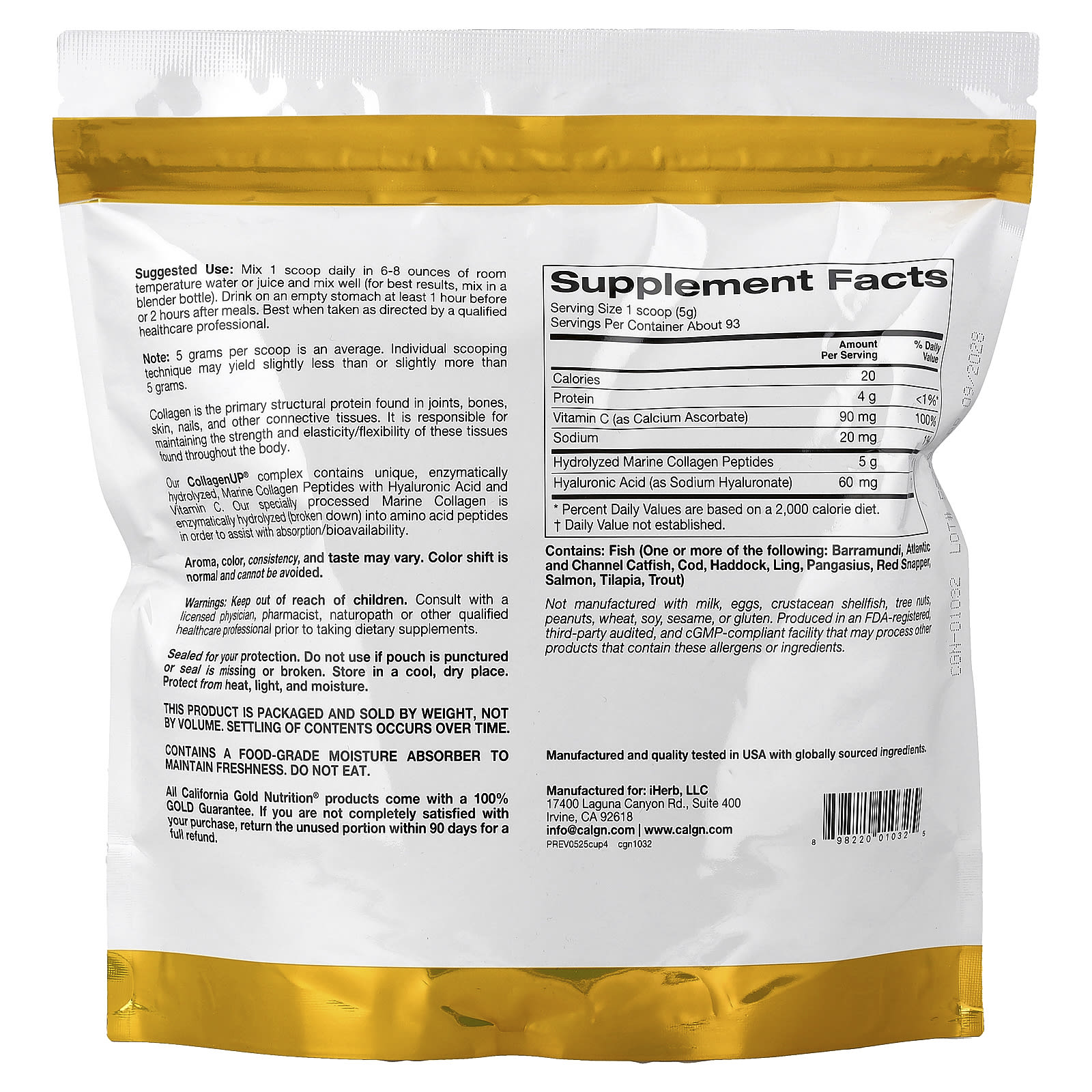 Гиалуроновая кислота California Gold Nutrition CollagenUP® Hydrolyzed Marine Collagen Peptides with and Vitamin C, без вкуса, 464 г, 1. — фото 5