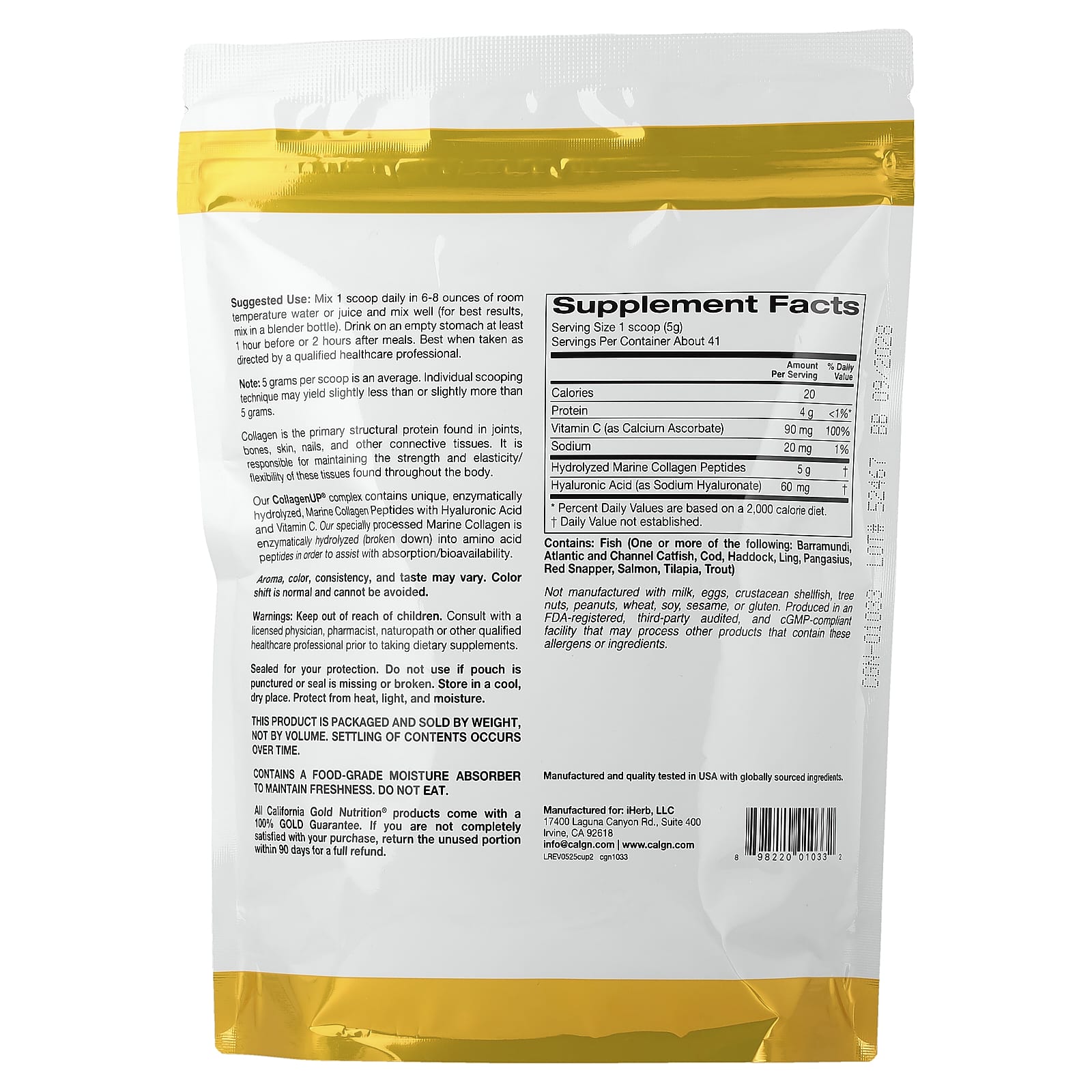 Гиалуроновая кислота California Gold Nutrition CollagenUP® Hydrolyzed Marine Collagen Peptides with and Vitamin C, без вкуса, 206 г — фото 2